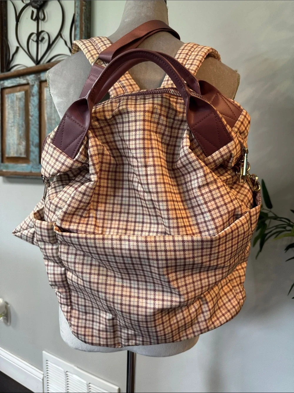 a new day Plaid Backpack and crossbody combo with purple Accents